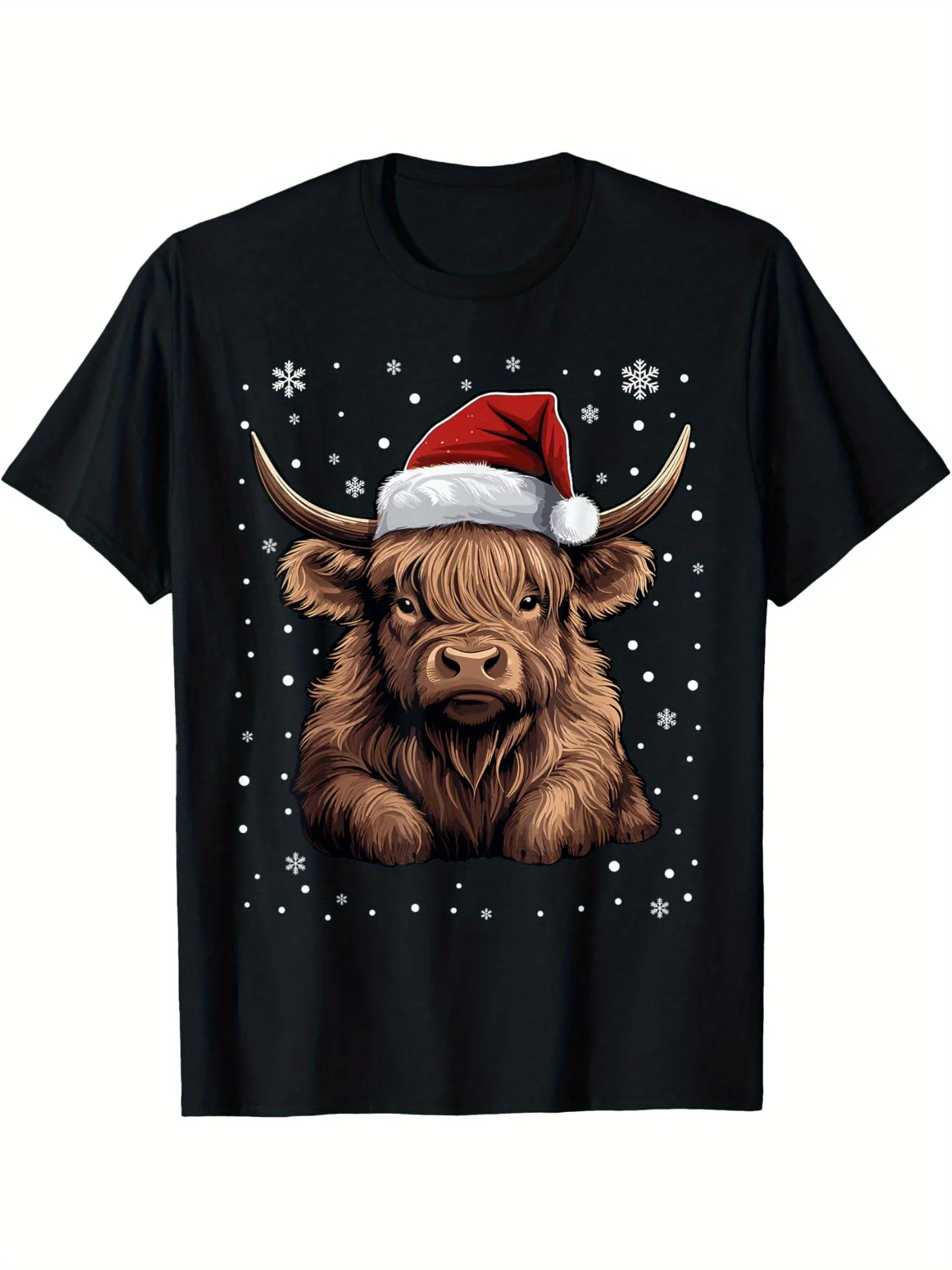 

Highland Cow Christmas T-Shirt - 180g Cotton Black, Santa Hat Pajama Style Daily Wear