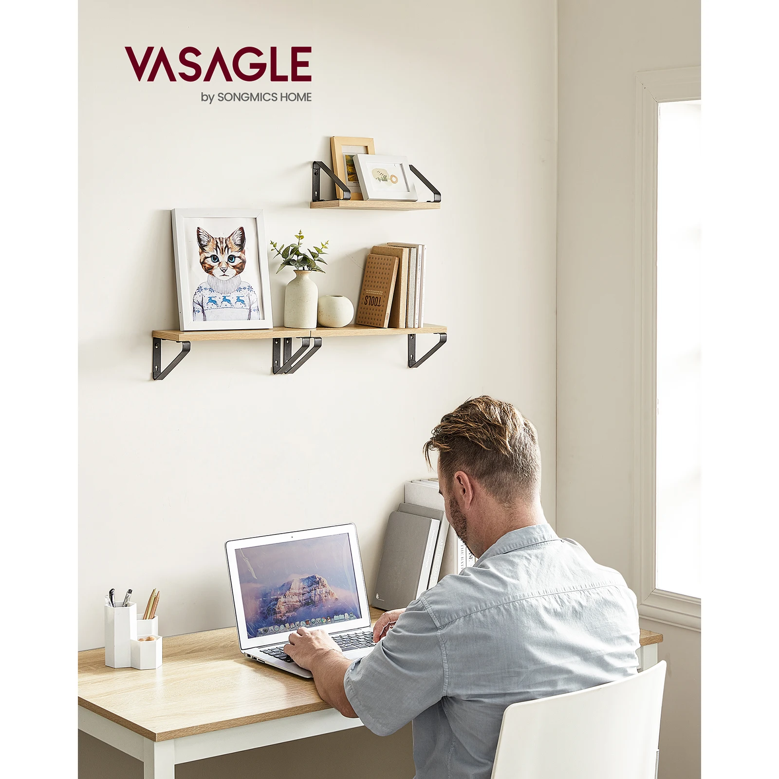 VASAGLE Wall Shelves: Pack of 3 Floating Shelves, 2 Mounting Ways. For Living Room, Kitchen, Office, Bathroom. Oak and Black.