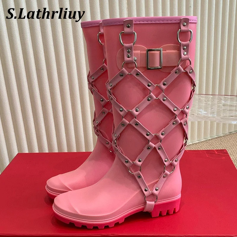 

Spring Autumn Metal Rivet Fashion Knight Botas Women's Rubber Waterproof Rain Boots Round Toe Thick Bottom Knee-high Long Boots