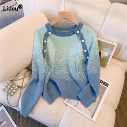 New Fashion Korean Gradient Round Neck Sweaters Autumn Winter Lady Loose Trend Button Spliced Knitted Tops Women's Clothing