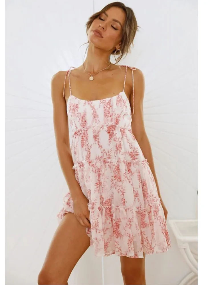 2025 여름 섹시한 꽃 프린트 미니 드레스 새로운 패션 우아한 해변 휴가 백리스 프릴 Pleated 휴일 클럽 파티 드레스