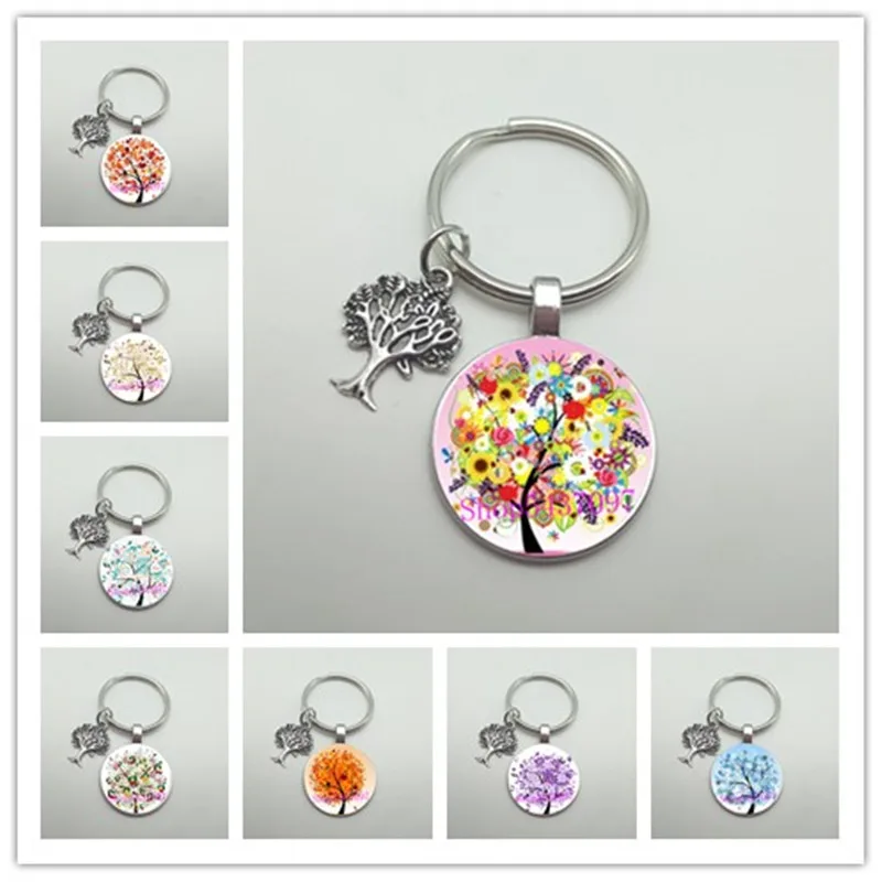 Ladies colorful leaf key chain convex round glass key chain beautiful girl leaf key chain men and women jewelry gift.