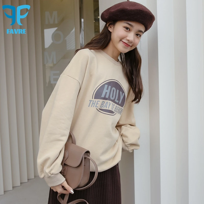 FAVRE Letter Print Sweatshirts Women Crewneck Niche Fleece Hoodies Y2K Spring Autumn Casual Hong Kong Loose Vintage Pullovers