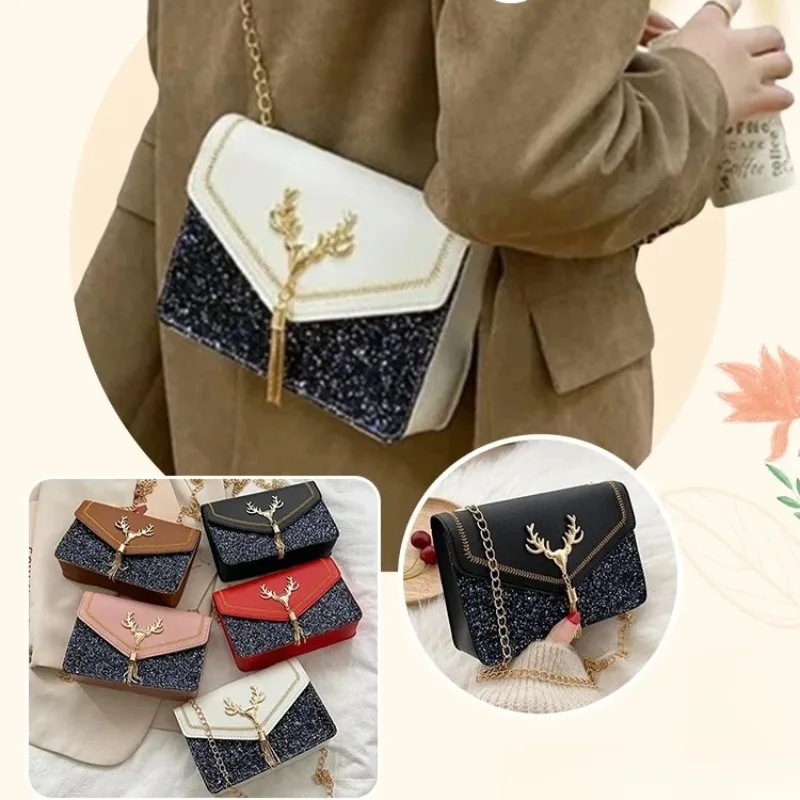 

New Women Shoulder Bag Deer Head Decoration Messenger Bags PU Leather Underarm Luxury Designer Chain Lady Small Square Handbag