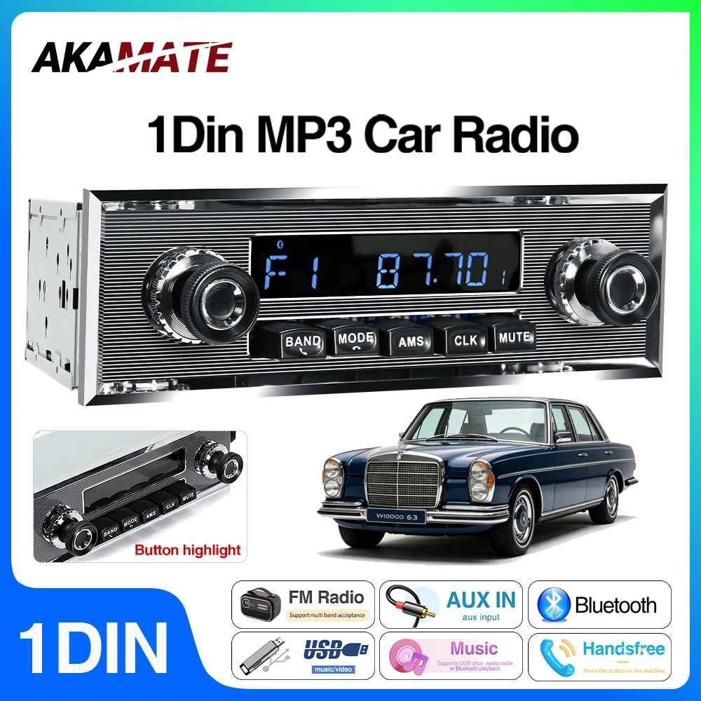 Car Radio for Mercedes Benz 1Din MP3 Multimedia Player Retro Stereo Audio Support Phone Charging Bluetooth EQ AUX USB FM Radio