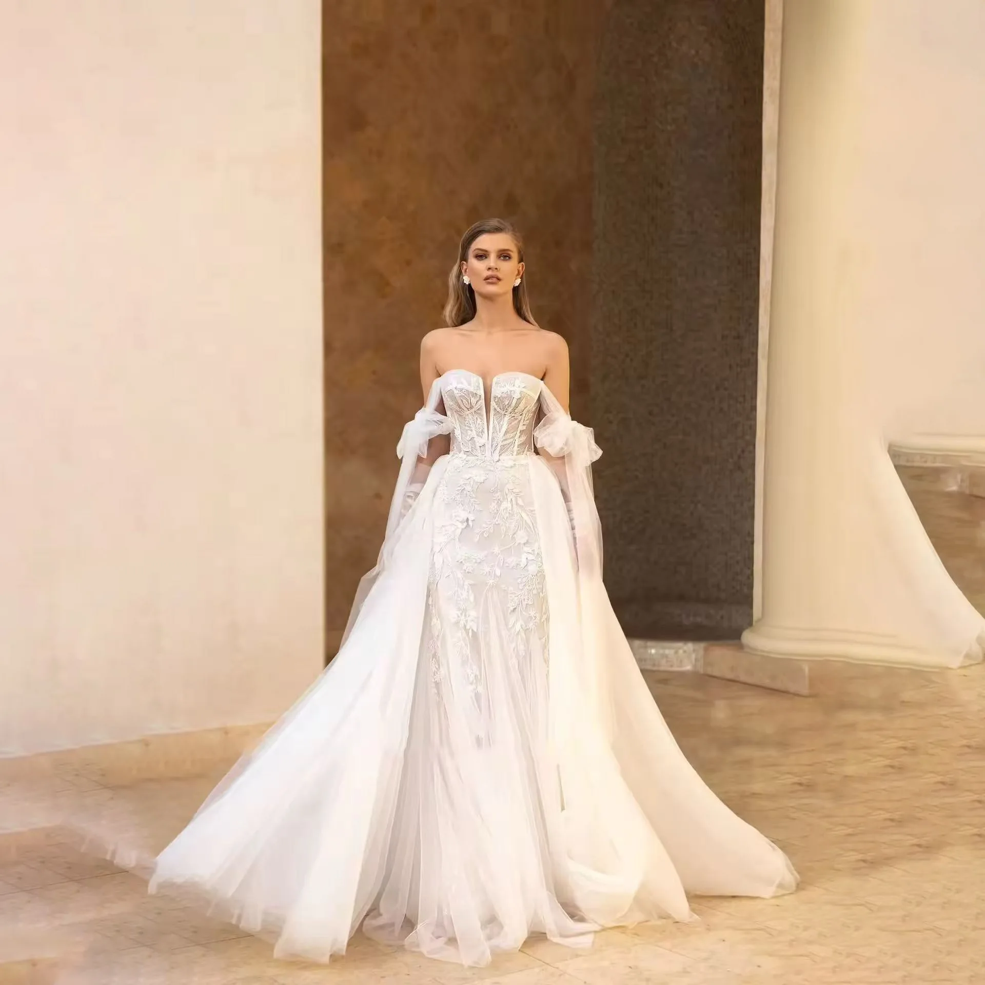 

Sexy Strapless Bridal Dress Detachable Tail Lace Embroidery Mermaid Wedding Gown Plus Size Vestido Noiva Customized