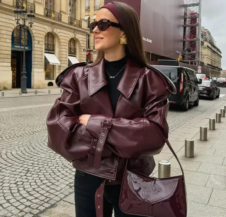 

Women Burgundy Leather Laple Cropped Jackets Vintage Long Sleeve Pocket Motor Bicycle Jacket New Female Casual Retro Streetwear