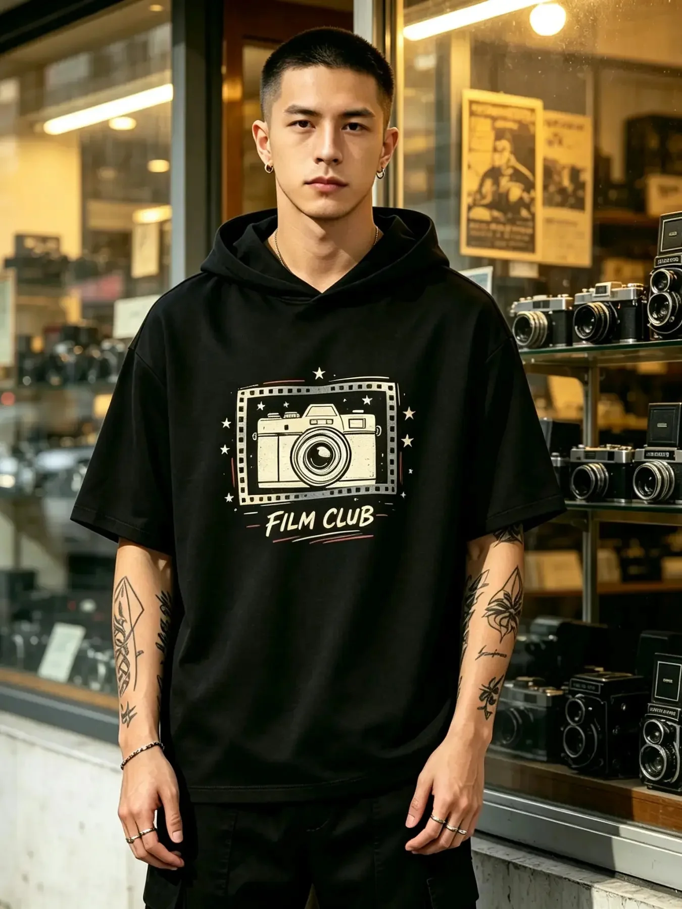Men's Short Sleeve Hooded T-Shirt, Film Club Vintage Camera Film Strip Graphic Hoodie Tee, Relaxed Fit Retro Streetwear Pullover Top