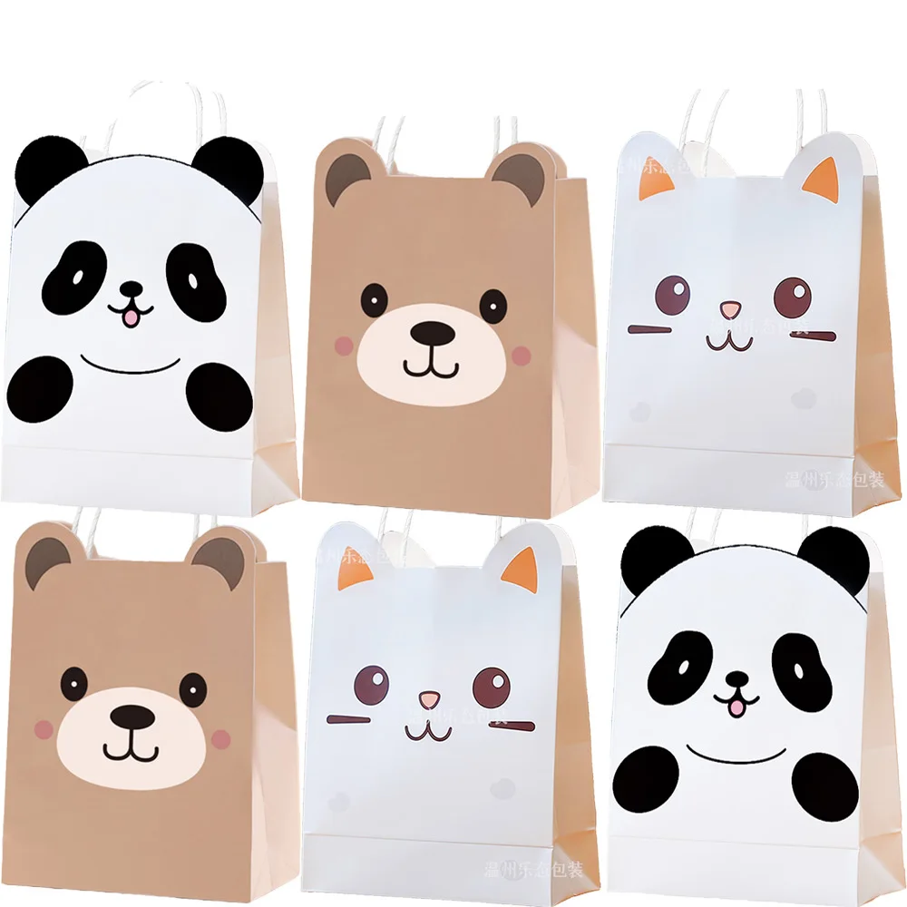 6-30pcs Cartoon Cute Panda Little Bear Cat Handheld Paper Bag Gift Bag Candy Cookies Bags Kids Birthday Party Decor Supplies
