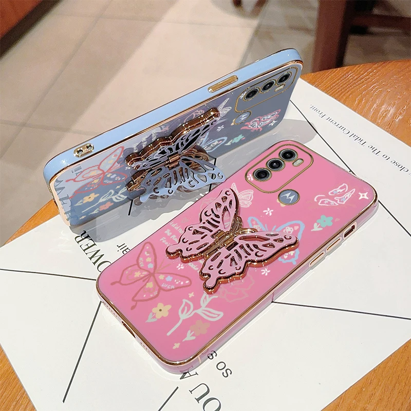 Funda de teléfono con soporte chapado de mariposa G 60 Rose para Motorola Moto G24 G31 G60 G73 G50 G30 G22 G62 G82 G84 G72 G60S G42 G52