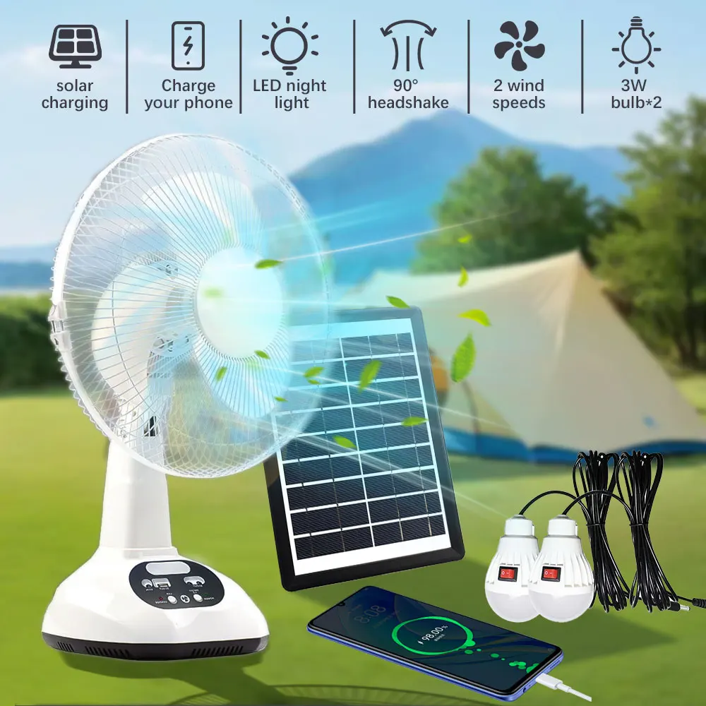 6V 18W Solar Rechargeable Desk Fan Set, 1200±50RPM Copper Motor Dual Wind Speed Soft & Strong Wind, 4500mAh Built-in Battery Power Bank Function, 9V 3W Solar Panel with 2PCS LED Bulbs, Wide Angle Air Cooling for Camping Outdoor Emergency Power Outage