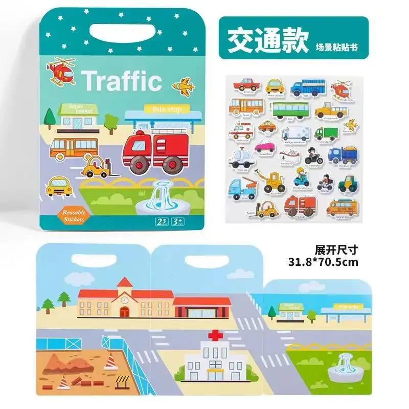 Reusable Cartoon Quiet Book Bubble Stickers Book Multiple Scenos DIY Sticker Puzzle Game Educational Learning