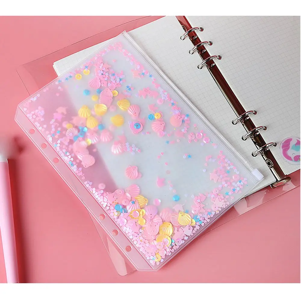 1pc Creativity Loose Leaf Glitter Sequins Zipper PVC Handbook Inner Pocket Binder Storage Pouch A5/A6 File Holder