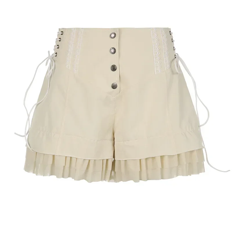 Süße, frische, mit Schnürung, lässige Shorts, modisch, mädchenhaft, mit Flansch, Patchwork, Empfang der Taille, weites Bein, Sommer-Damenbekleidung