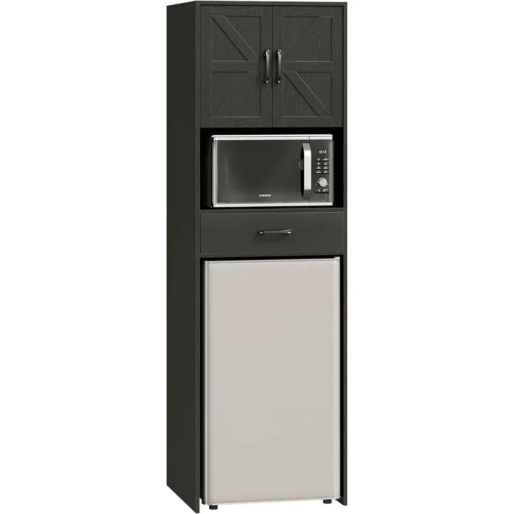 

Compact Ridge Stand with Storage, Power Outlet, and Coffee Bar Cabinet featuring Microwave Shelf - Ideal for Mini Fridges, Wine