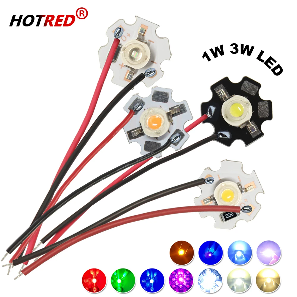 10pcs 1W 3W High Power LED DC3V 5V 12V Drive Free Chip Lamp Bead on 20mm Plate Battery Light Source Board  6cm Line For DIY Bulb