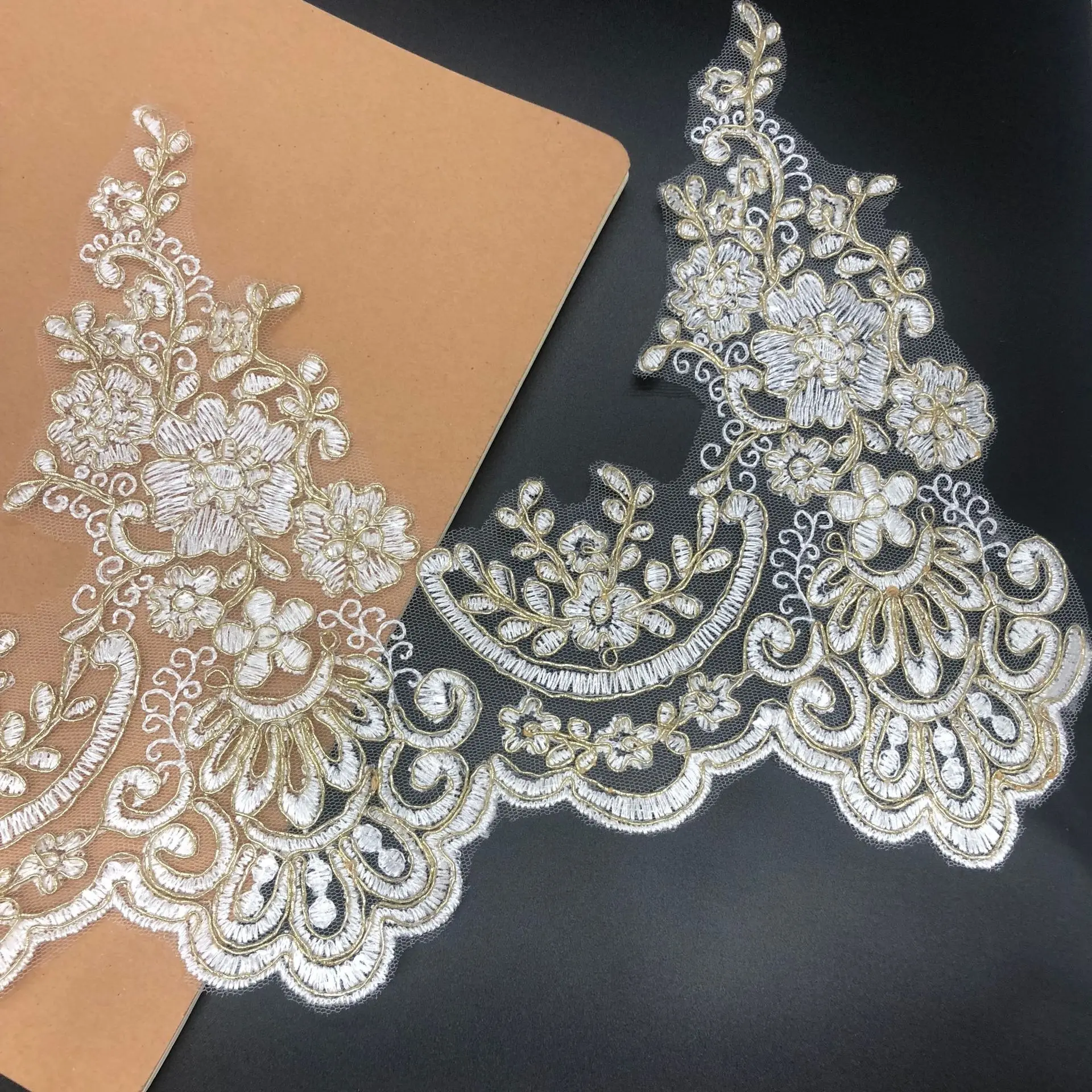 1 Yard 23cm wide Gold Ivory Flower Lace Mesh Embroidery Wedding Dress Home Textile DIY Handmade Accessories