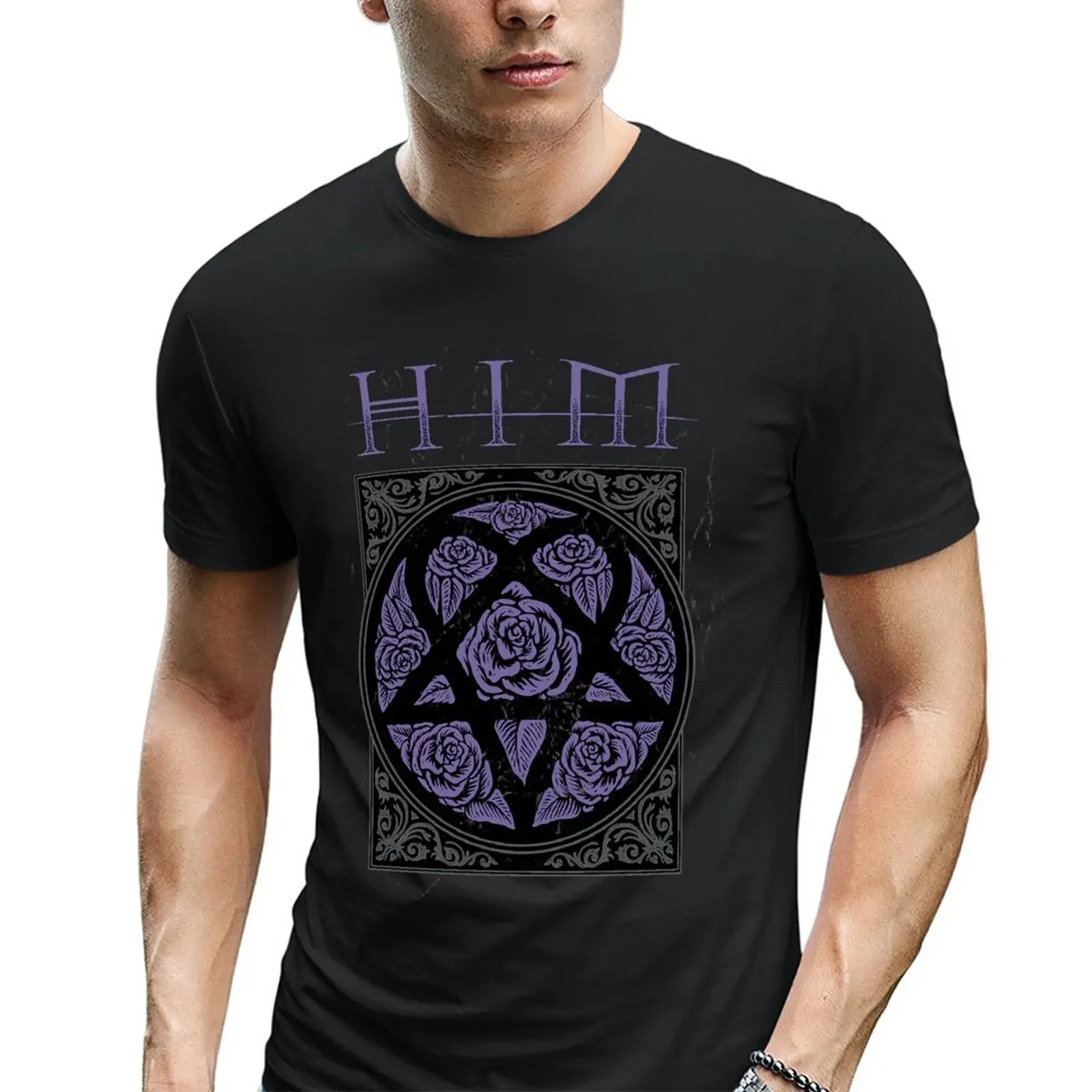 Graphic  H.I.M. Him  Roses Logo Gothic Rock Band T-Shirt New Cotton Summer Mens Summer Tops Tees T Shirt Funny Print T Shi