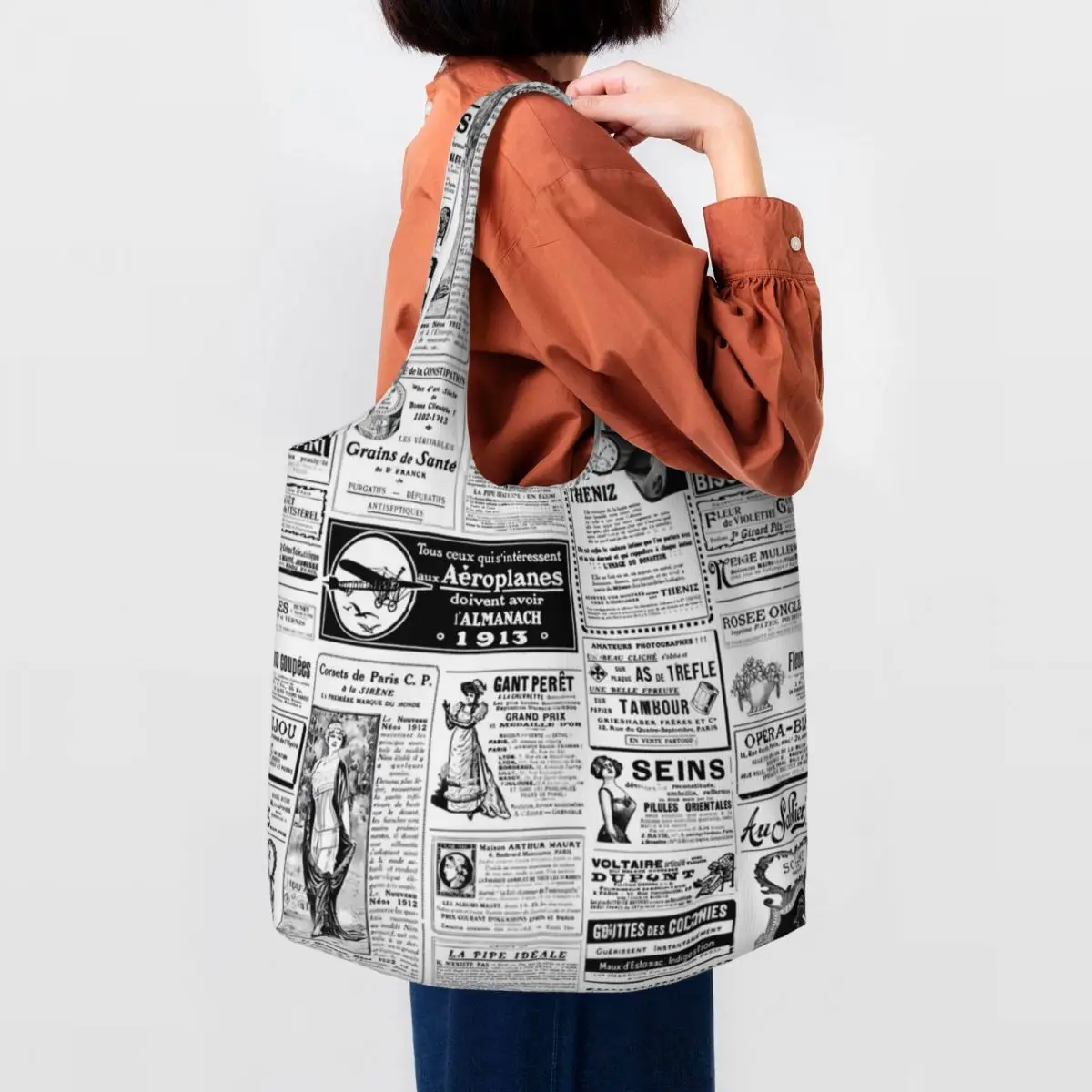 Victorian Newspaper Shopper Bag Black White Letter Casual Handbags Cloth Work Tote Bag Women Print Shopping Bags