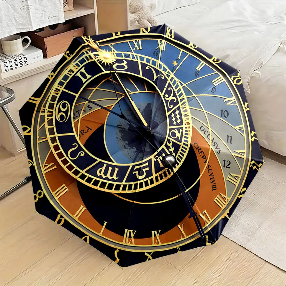 1PC Artistic Clock Design Umbrella Adds Elegance Print 8 Iron Ribs Folding Umbrella Auto-Open Fashion Sunshade