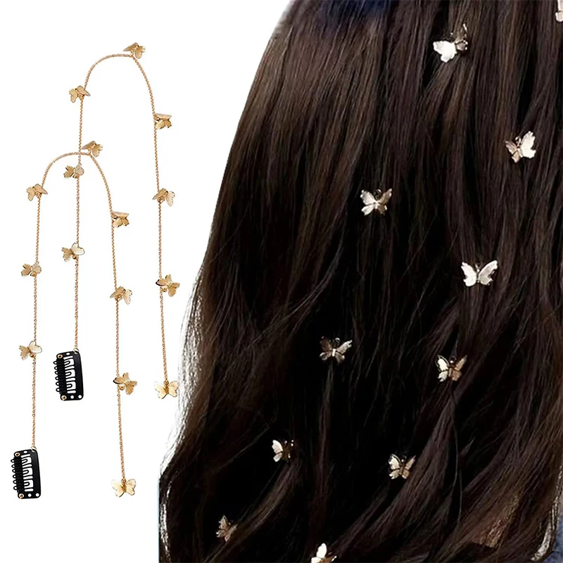 1Pair Butterfly Hair Chain For Women Girl Fashion Metal Braided Hair Chain Long Tassels Hairpin Hair Accessories Decoration