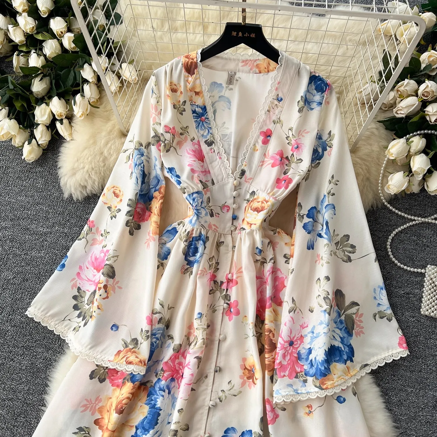 Vestido longo com estampa floral feminino, decote em V, renda, peito único, cintura alta, férias de verão, linho, lindo, 6277