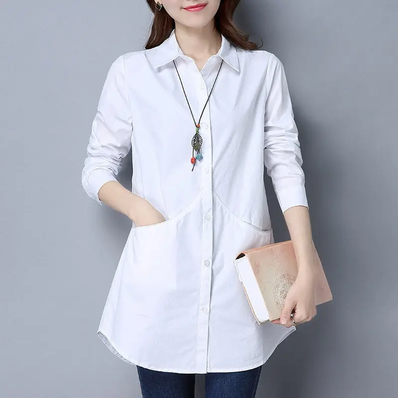 Long Cardigan Autumn Winter Thin Solid Loose Button Patchwork Pockets Turn-down Collar Casual Straight Women\'s Clothing Blouses