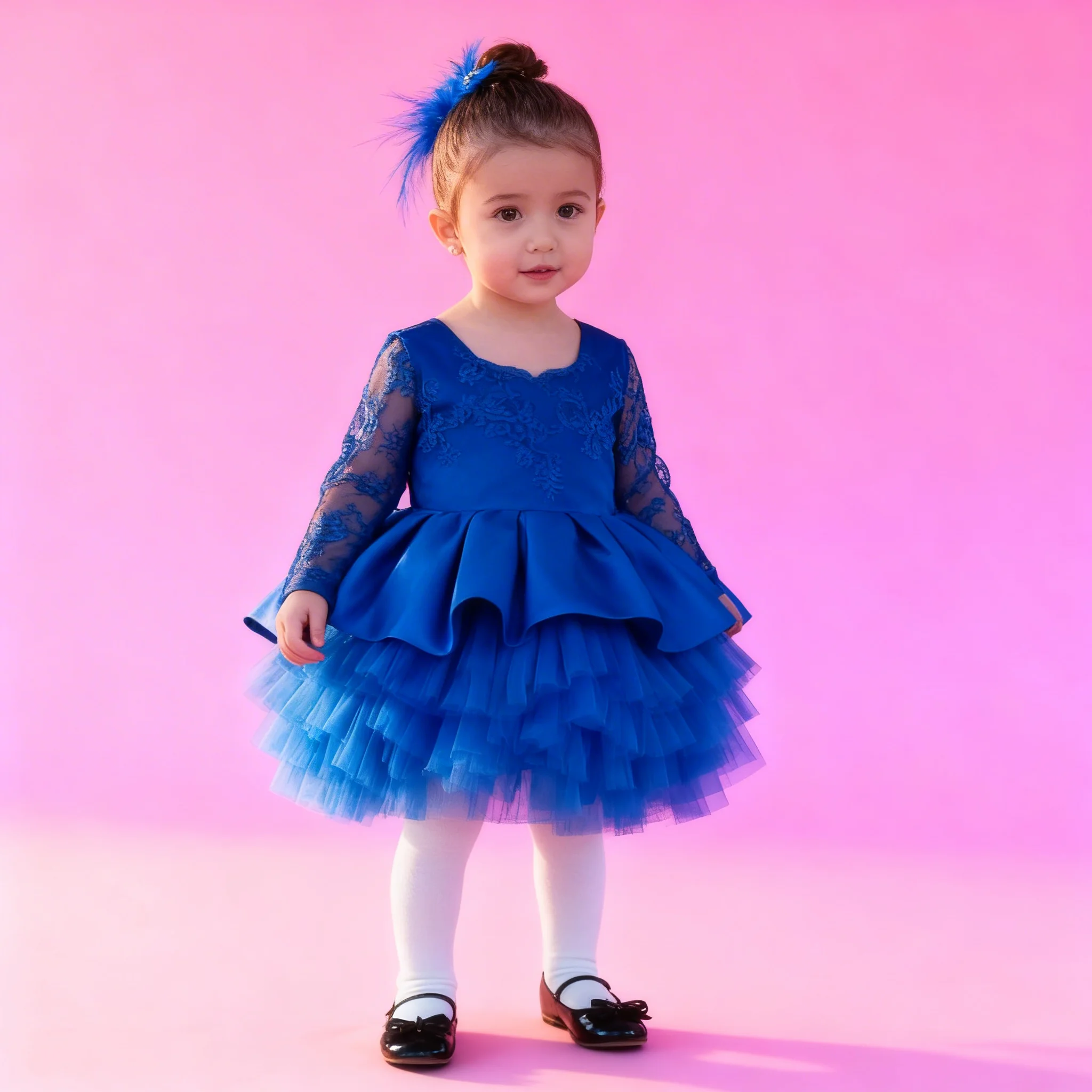 

Индивидуальное платье для девочки в королевском синем цвете с кружевными длинными рукавами и пышной юбкой, бальное платье для малышей на свадьбу, день рождения, первое причастие