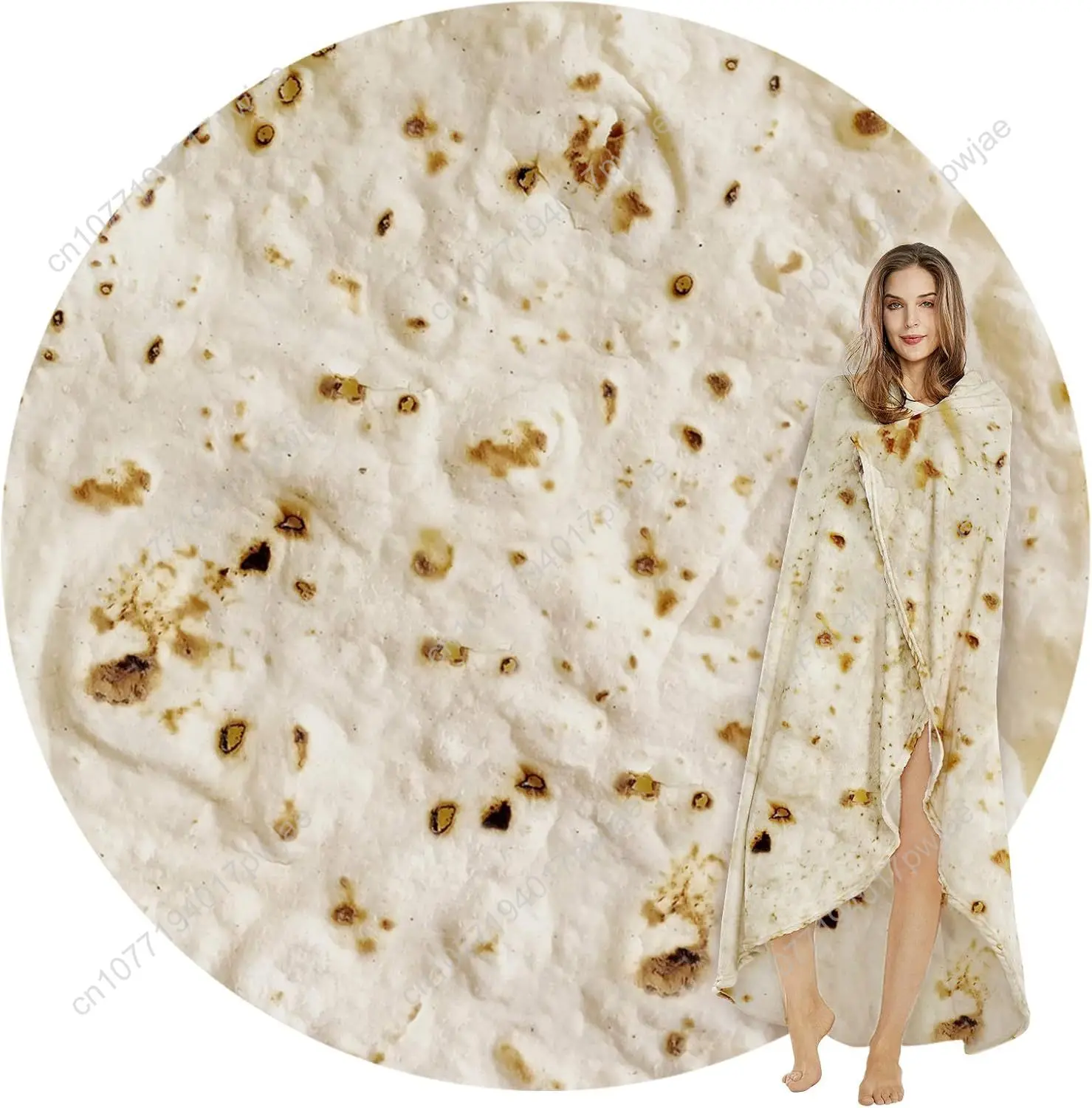 SeaRoomy Burritos Tortilla Blanket Realistic Food Wrap Blanket Double Sided Novelty Funny Tortilla Round Soft Blankets (Beige