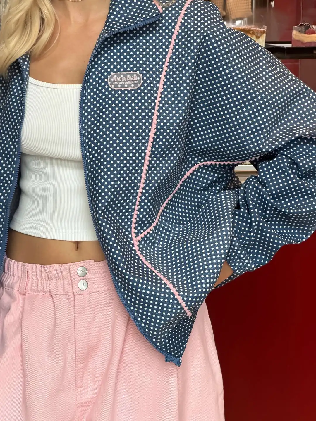 Navy Bluepolka Dot Zipper Short Jacket For Women, Pink Contrasting Bright Thread Loose Retro Casual Spring Windproof Jacket