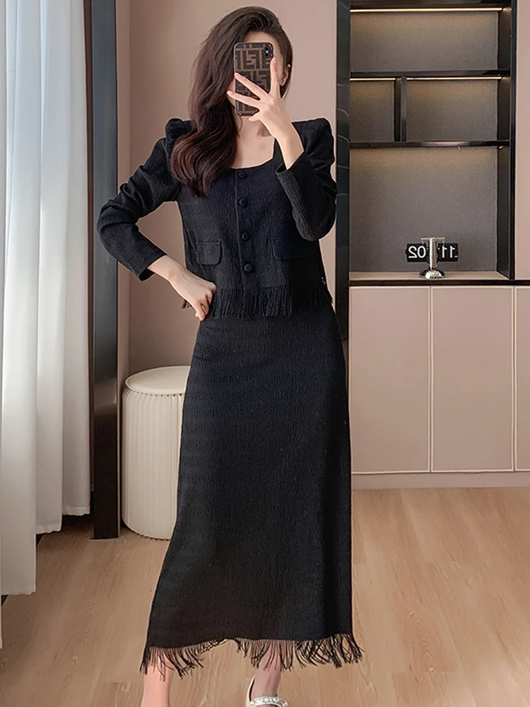 New Autumn Tassel Two Piece Set Fashion Women Elegant Square Collar Single Breasted Short Tops + Fringed Midi Skirt Suits