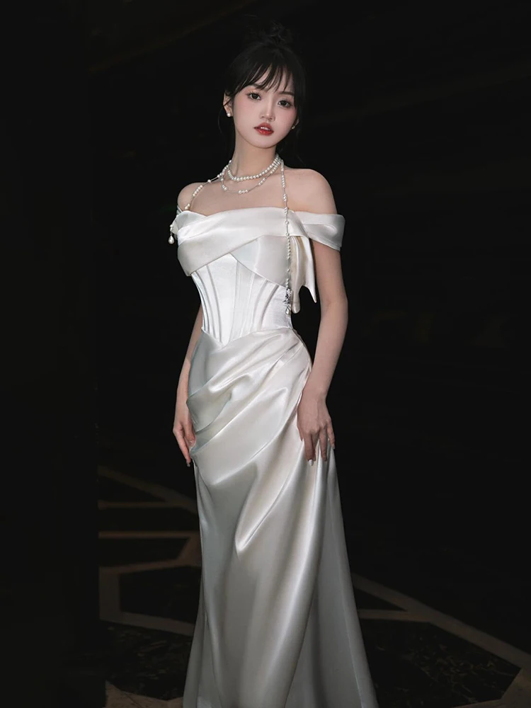 Ele boda de un solo hombro Dr coreano Sle Fi-tail vestido de noche invitado nupcial Dr falda larga sin mangas fibra de poliéster