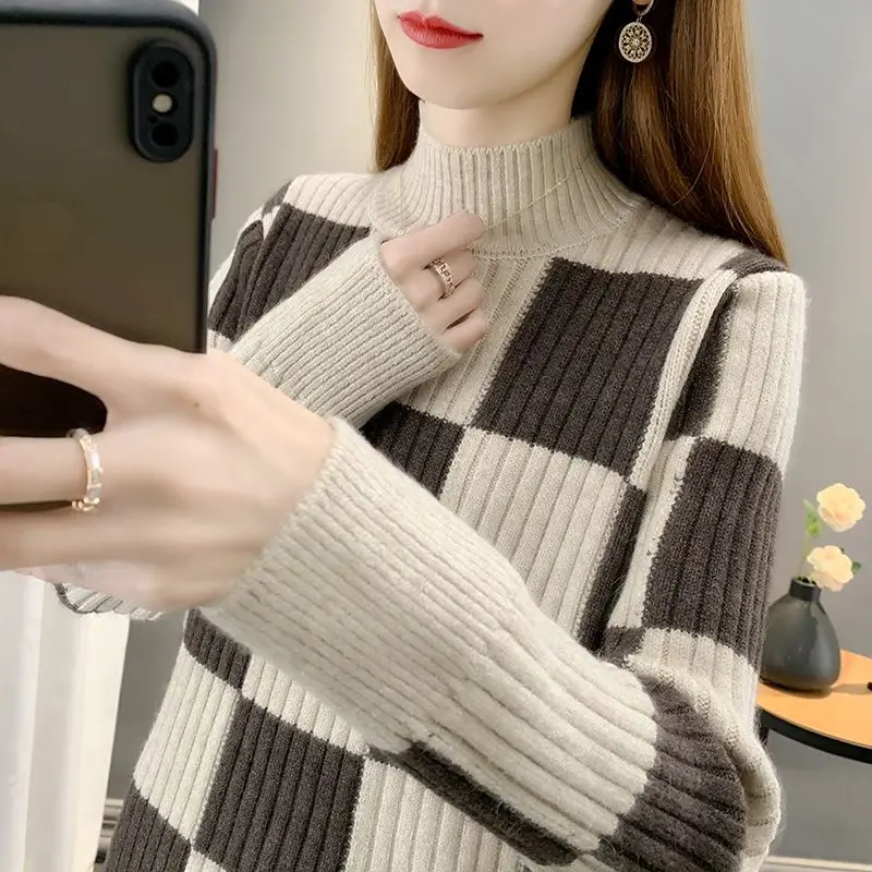 Half High Collar Checkered Loose Women's Sweater Autumn Winter Loose Thicken Inner Layer Sweater Stylish Knit Sweater for Women