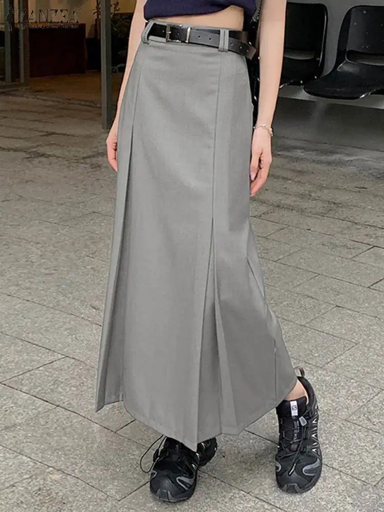 ZANZEA 2023 Autumn Women Elegant Hip Wrap Long Skirts Fashion High Waist Korean Jupes Casual Pleated Maxi Skirt Solid Faldas