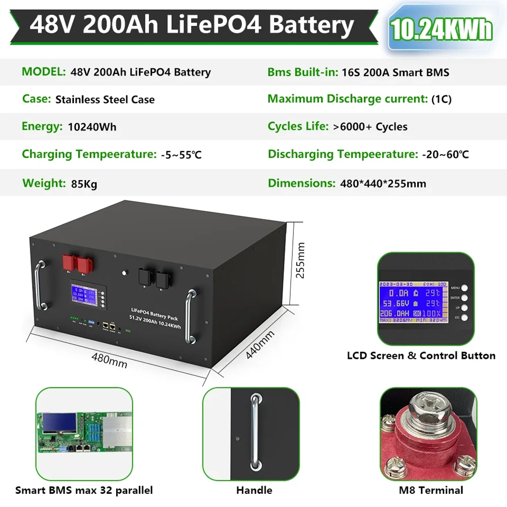 LiFePO4 48V 300Ah 200Ah 100Ah Battery Pack 15Kw 6000 Cycle 16S BMS 51.2V RS485/CAN PC Control Off/On Grid Solar Storage Battery