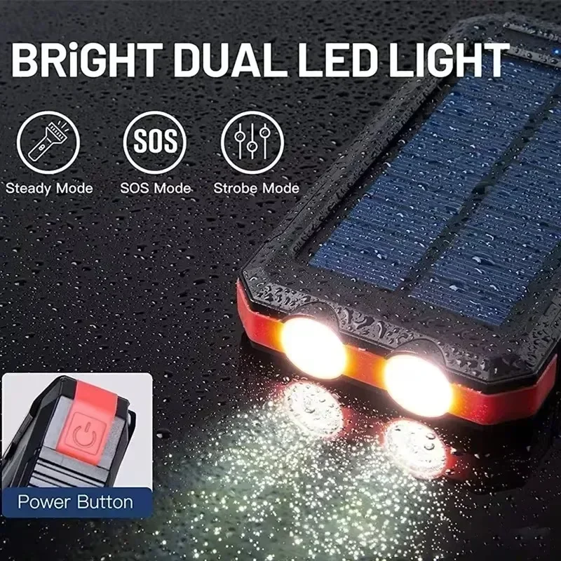 20000mAh Solar Power Bank Outdoor Camping Portable Fast Charger Power Bank Waterproof External Battery Charging with LED Light
