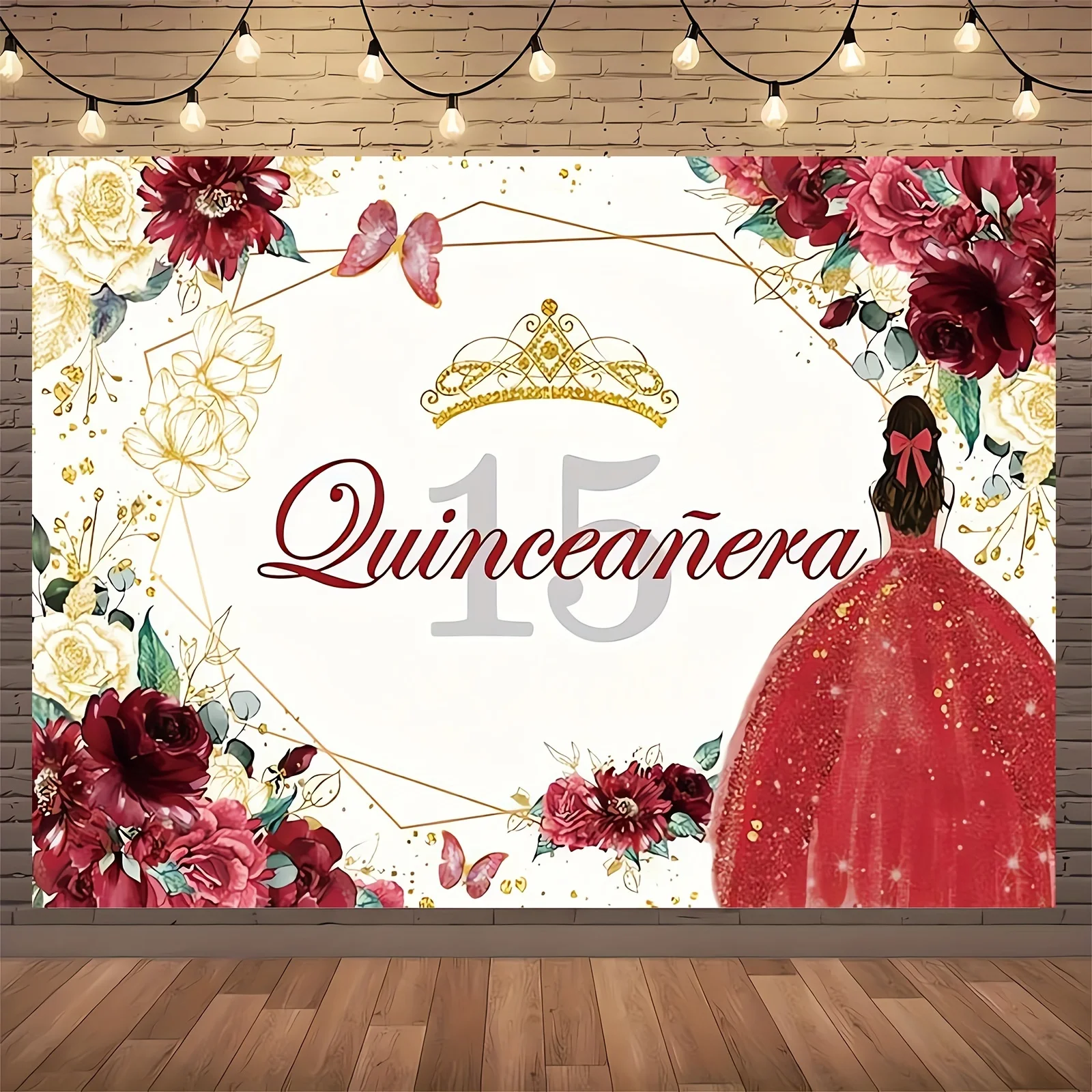 1pc,  Quinceanera 15th Birthday Backdrop For Sweet Mis Quince Anos Party Decorations Red And Gold Glitter Floral Crown Butterfly