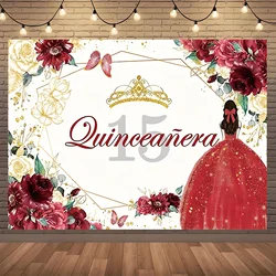 1pc, Quinceanera 15th Birthday Backdrop For Sweet Mis Quince Anos Party Decorations Red And Gold Glitter Floral Crown Butterfly
