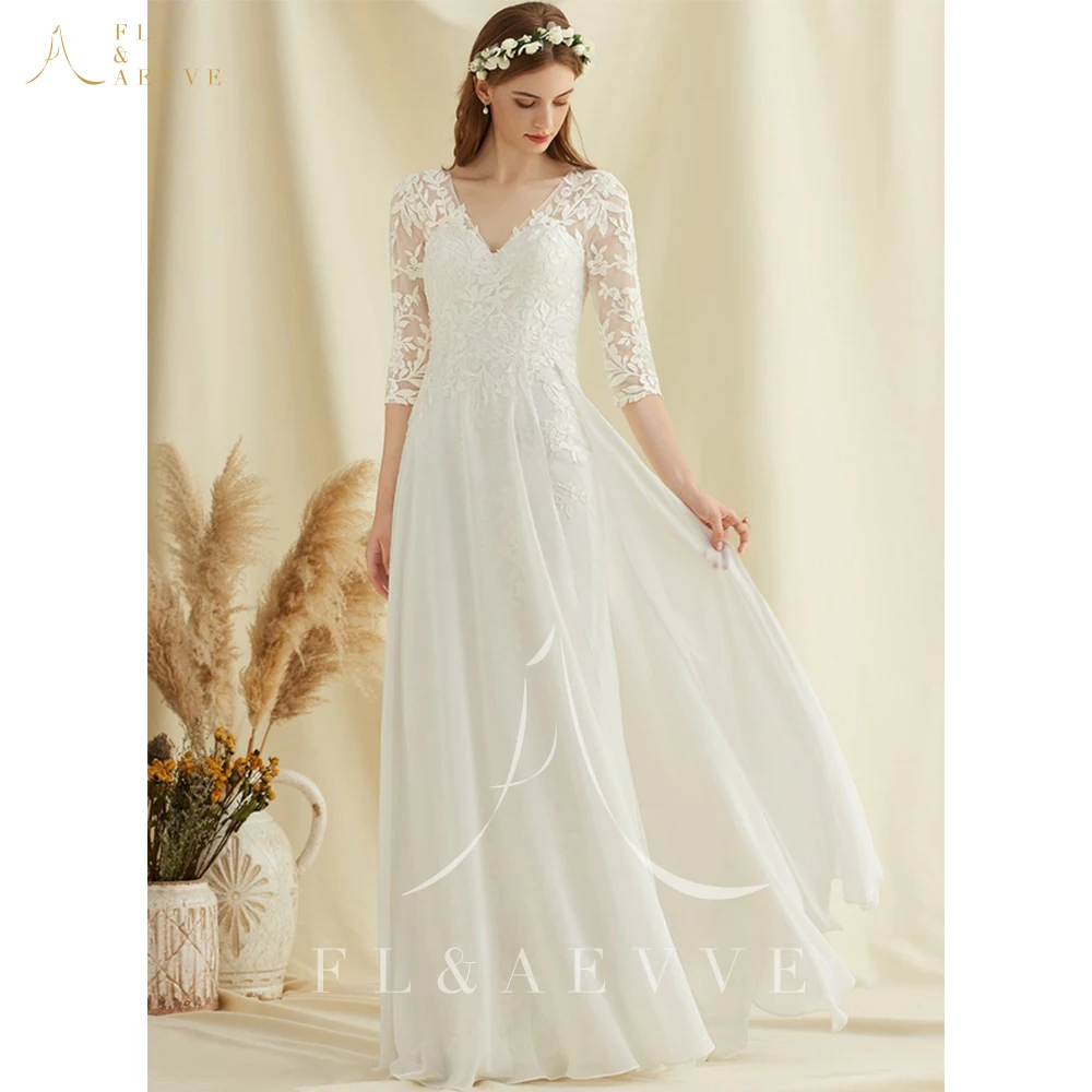 

Bohemian Brides Dress Princess V-Neck Lace Chiffon Wedding Dress A-line Bohème Floor-Length Party Dress Brides Gown Robe