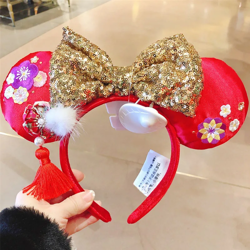 2025 Original Disney Mickey Ears Headband Shanghai Disneyland Minnie Leather Headband Hairband Sequin Bow Party Hair Accessories