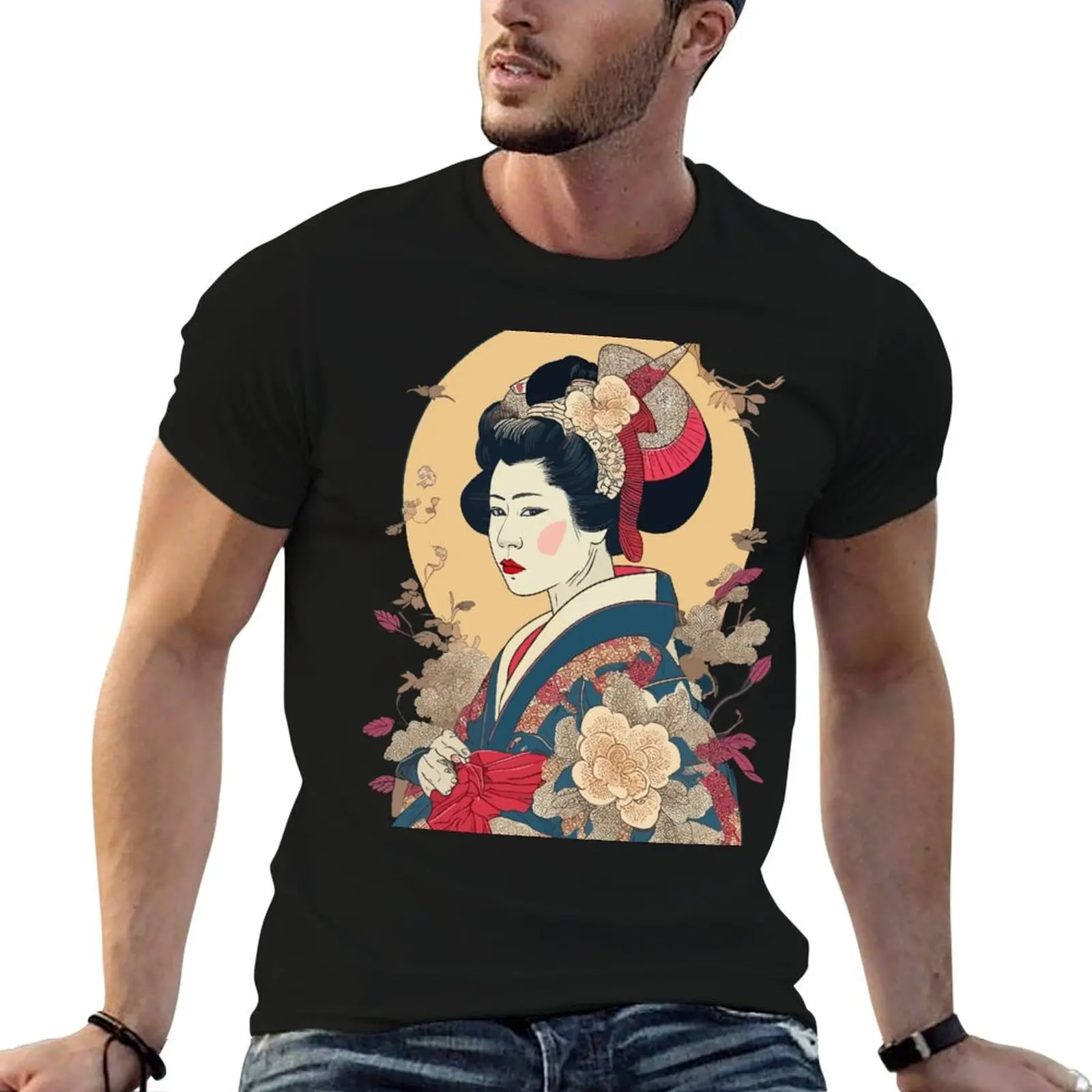 Elegant Grace: Geisha T-Shirt Design by Ukiyo-e Flat Design T-Shirt Short sleeve tee shirts graphic tees mens clothes