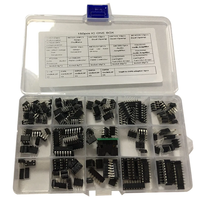 Ic Chip Assortiment 150 Stuks, Opamp,Oscillator,Pwm, Pc817, Ne555, Lm358, Lm324, Jrc4558, Lm393, Lm339, Ne5532 Incl. Stopcontacten