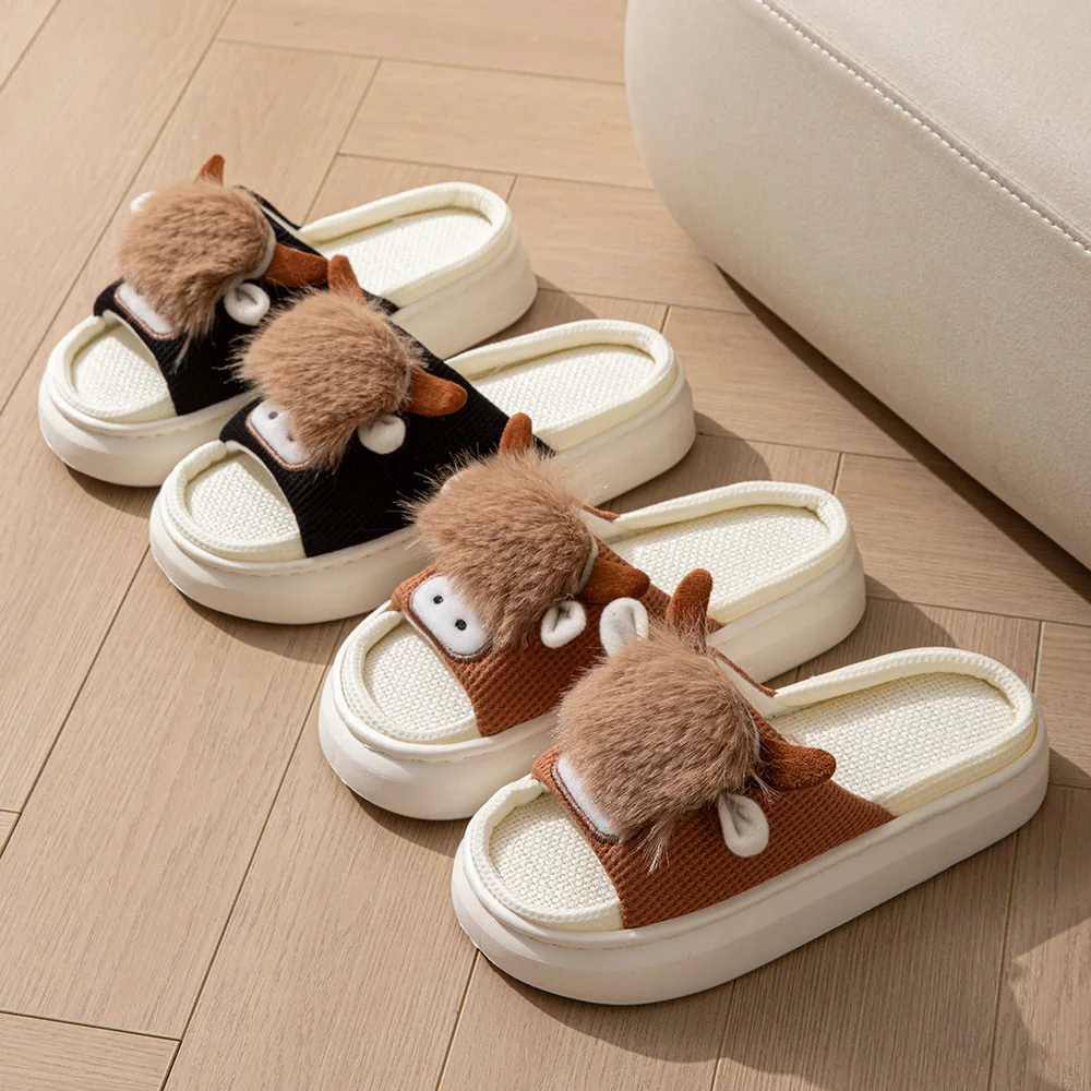

Funny open toe cow slippers woman odor-resistant breathable linen slides ladies platform home slides shoes