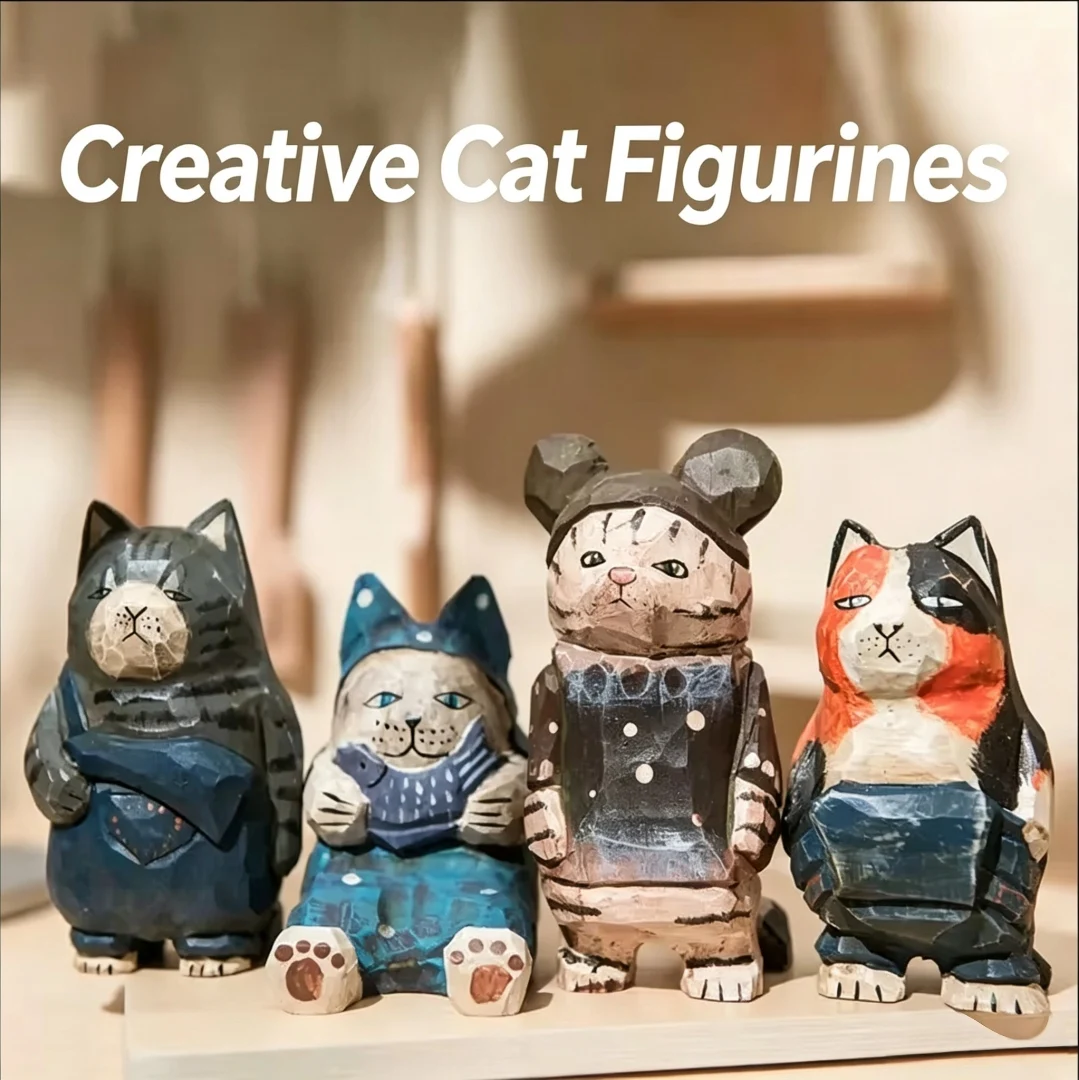 Wood Maneki Neko Figurine Hand Carved Cute Healing Mini Desktop Decor Gift For Office Home