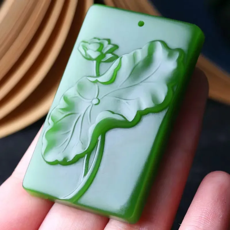 Natural Green Hand-carved Lotus Jade Pendant Fashion Boutique Jewelry Men and Women Aquamarine Necklace
