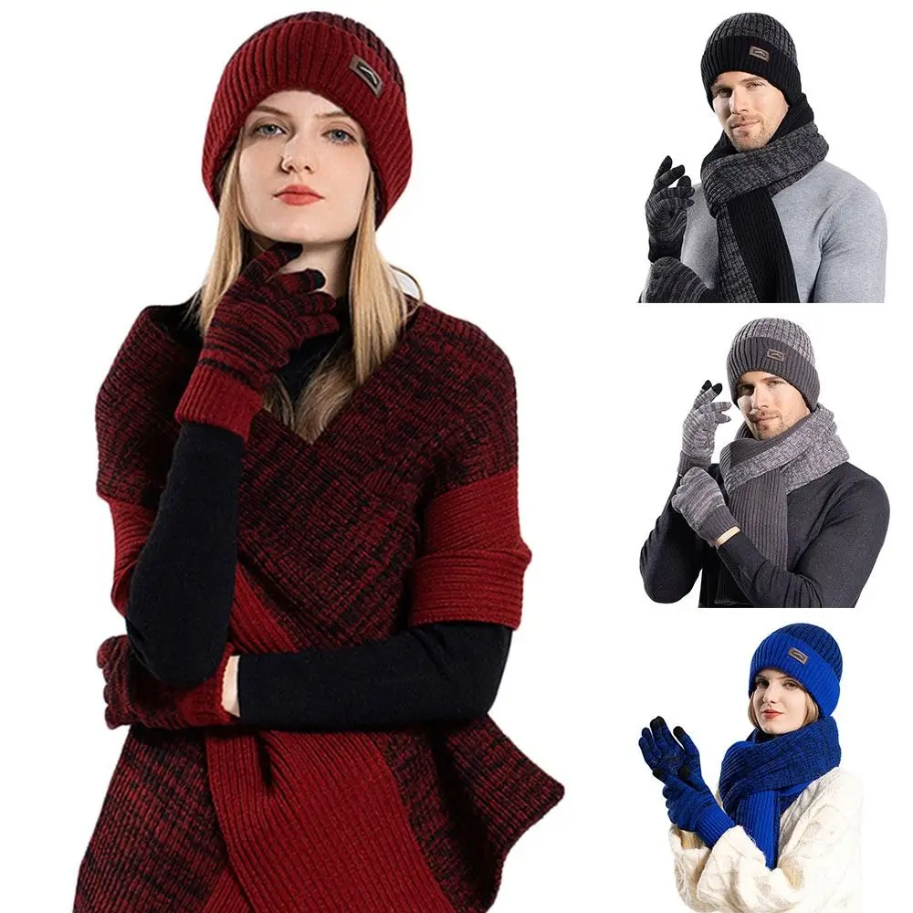 

3Pcs/set Winter Warm Beanie Hat Scarf Soft Knitted Fleece Lining Scarves Windproof Woolen Touch Screen Gloves for Men Women