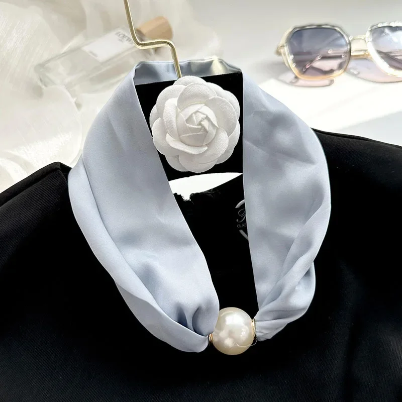 

Solid color simulation silk magnetic scarf scarf necklace women's scarf imitation pearl necklace collarbone neck ring scarf