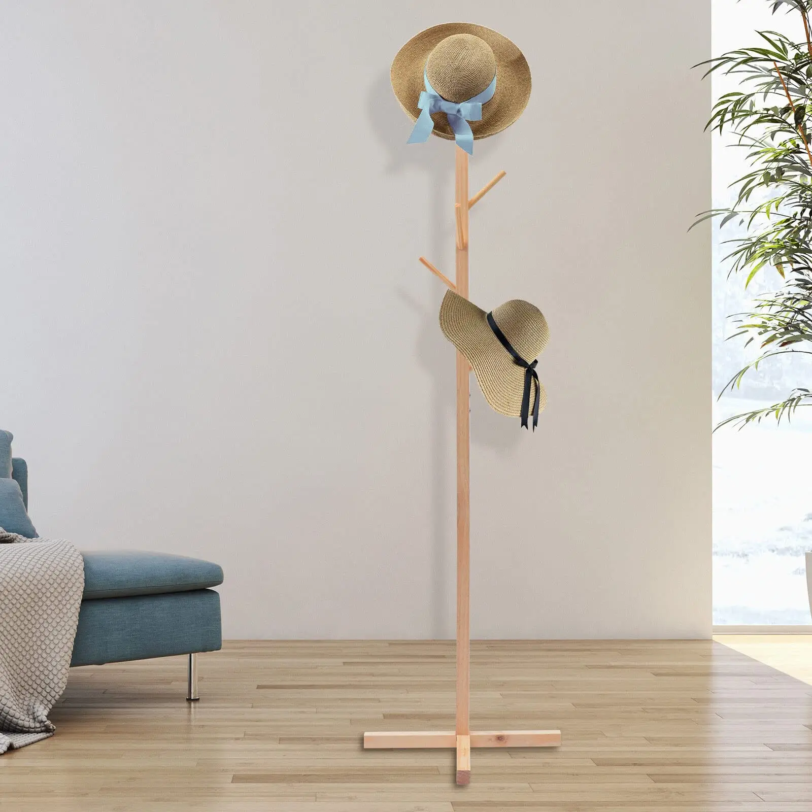 Natural Corner Coat Rack, Floor Standing Coat Hat Rack Solid Wood Umbrella Holder, Tree Shape Clothes Hanger with 8 Hooks