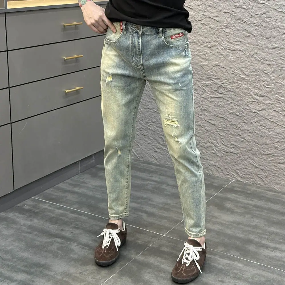 

Мужские джинсы Slim Fit на весну-лето, повседневные, эластичные, модные, зауженные, из денима, с эффектом потертости