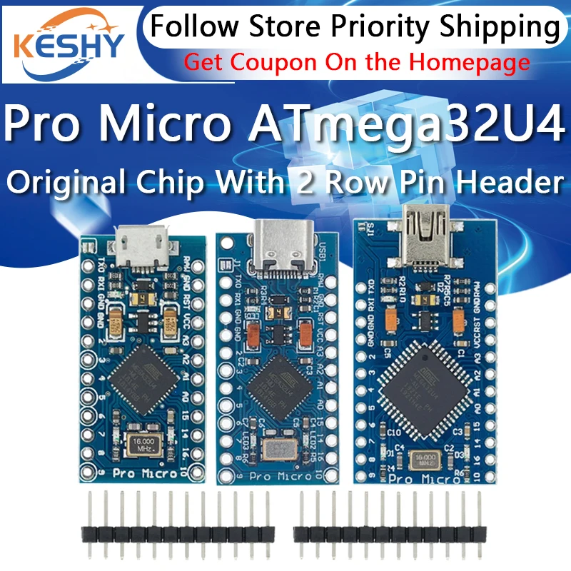 

Pro Micro ATmega32U4 5V 16MHz Original Chip Replace ATmega328 For Arduino Pro Mini With 2 Row Pin Header For Leonardo UNO R3